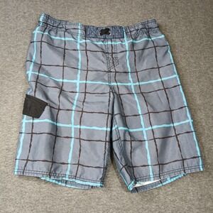Cherokee Men XL Swim Trunk Gray Blue Plaid Board Shorts Cargo Pocket Mesh Lining